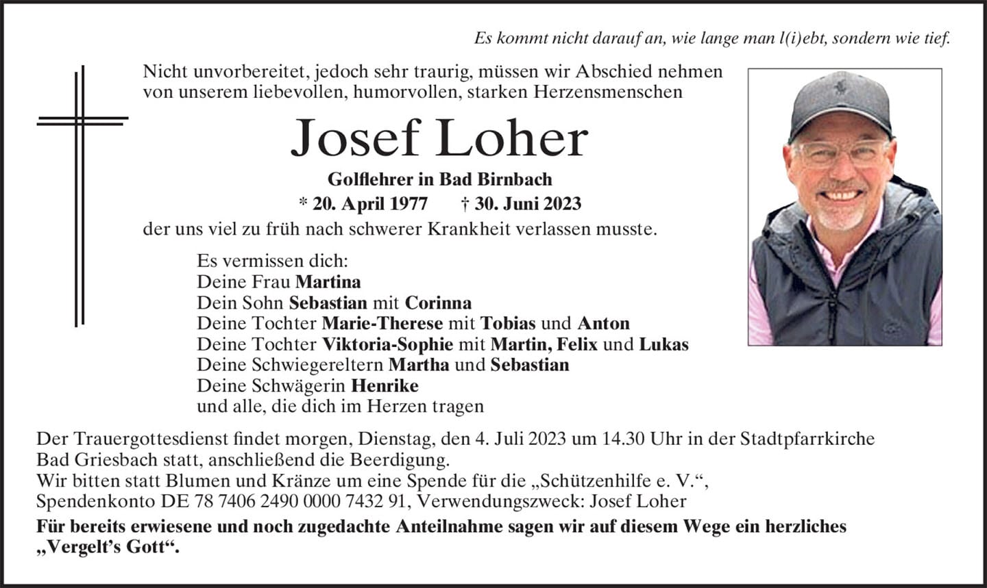 Traueranzeige Josef Loher